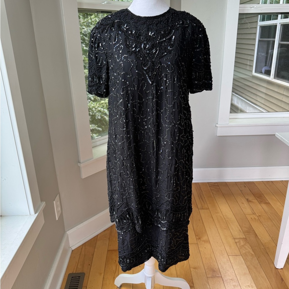 Vintage Papell Boutique Black Beaded Silk Short Sleeve Sheath Dress Size 8